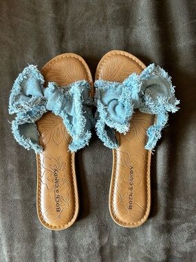 Denim Bow Slide Sandals in Light Blue - Women